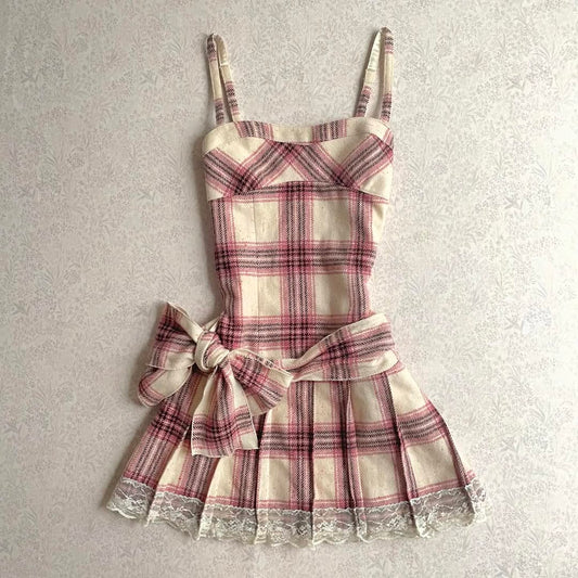 Beige Coquette Plaid Pleated Mini Dress