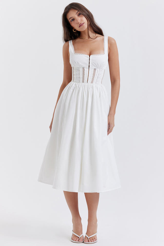 White Lace Trim Midi Dress