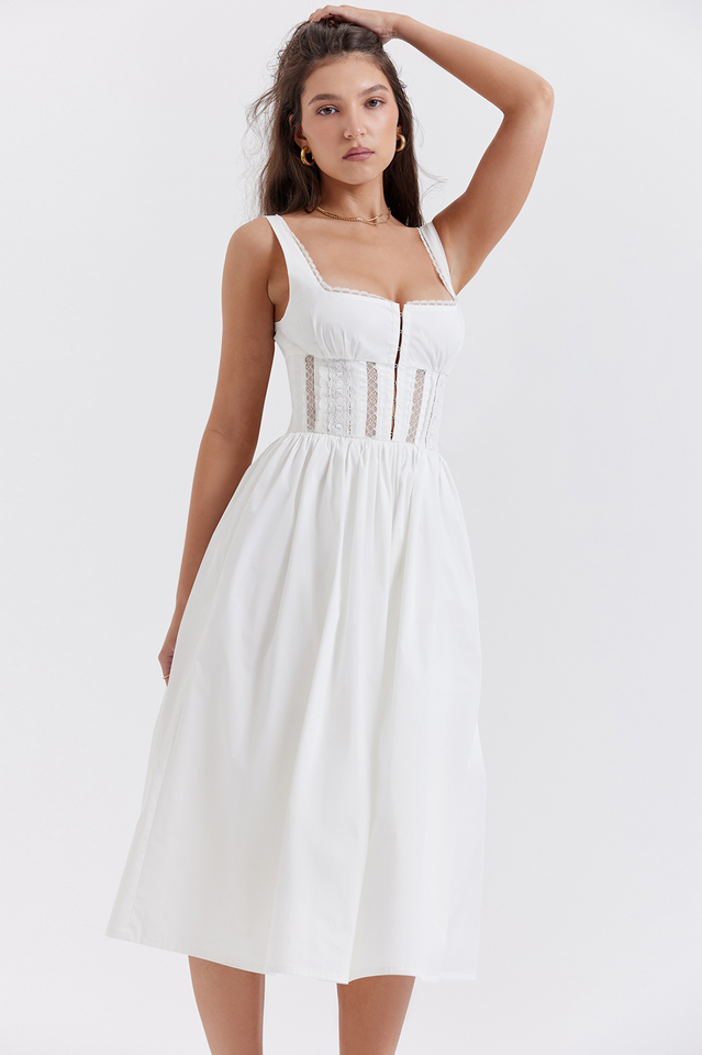 White Lace Trim Midi Dress