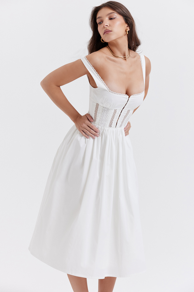 White Lace Trim Midi Dress