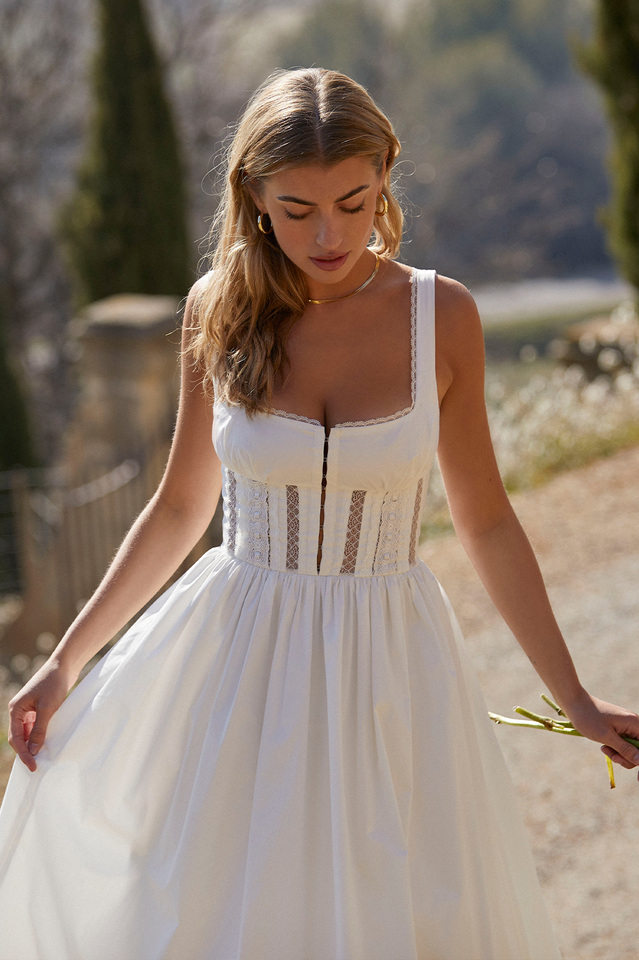 White Lace Trim Midi Dress