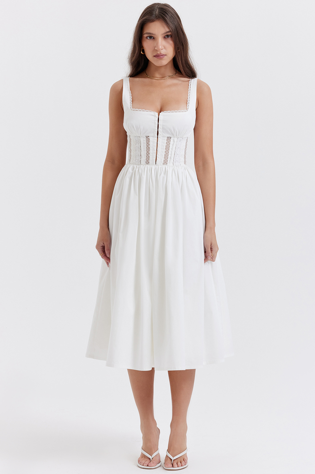 White Lace Trim Midi Dress