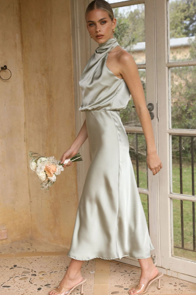 Halter Sleeveless Satin Bridesmaid Dress