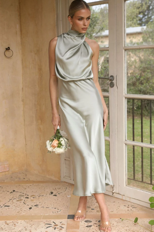 Halter Sleeveless Satin Bridesmaid Dress