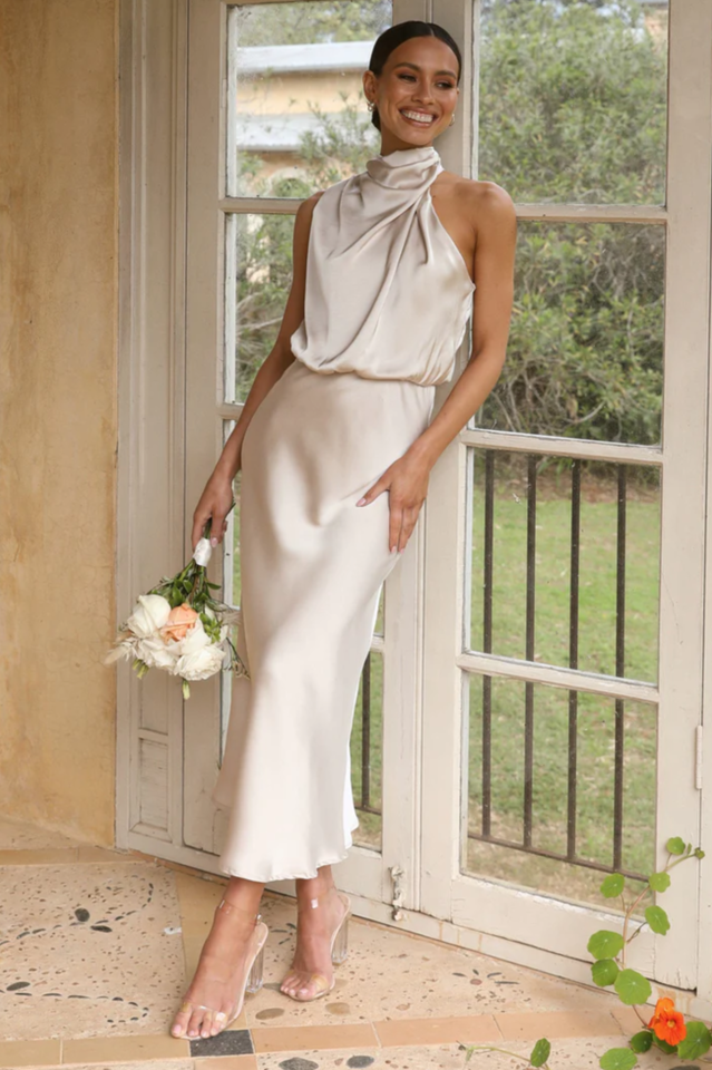 Halter Sleeveless Satin Bridesmaid Dress