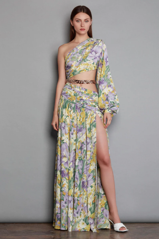 Slanted One Shoulder Floral Cut Out Dress