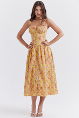 Tatiana Yellow Floral Print Midi Dress