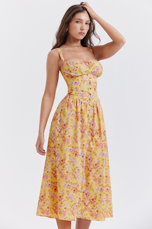 Tatiana Yellow Floral Print Midi Dress