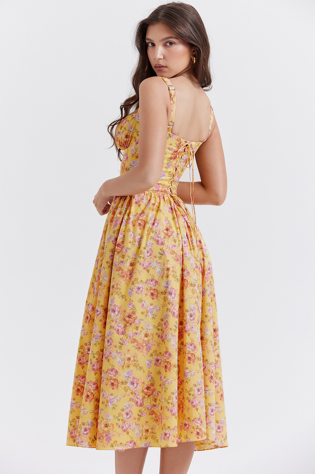 Tatiana Yellow Floral Print Midi Dress