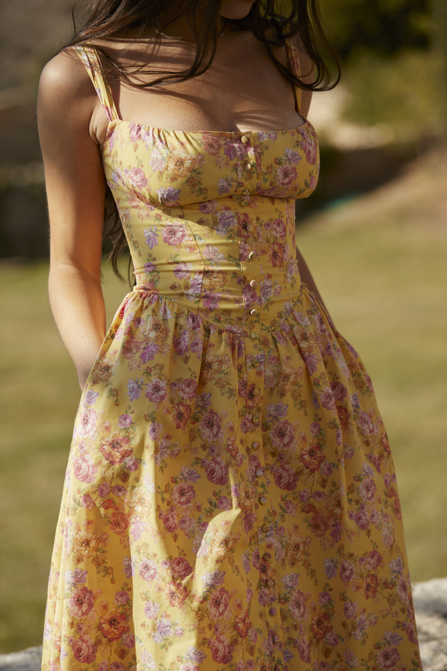 Tatiana Yellow Floral Print Midi Dress