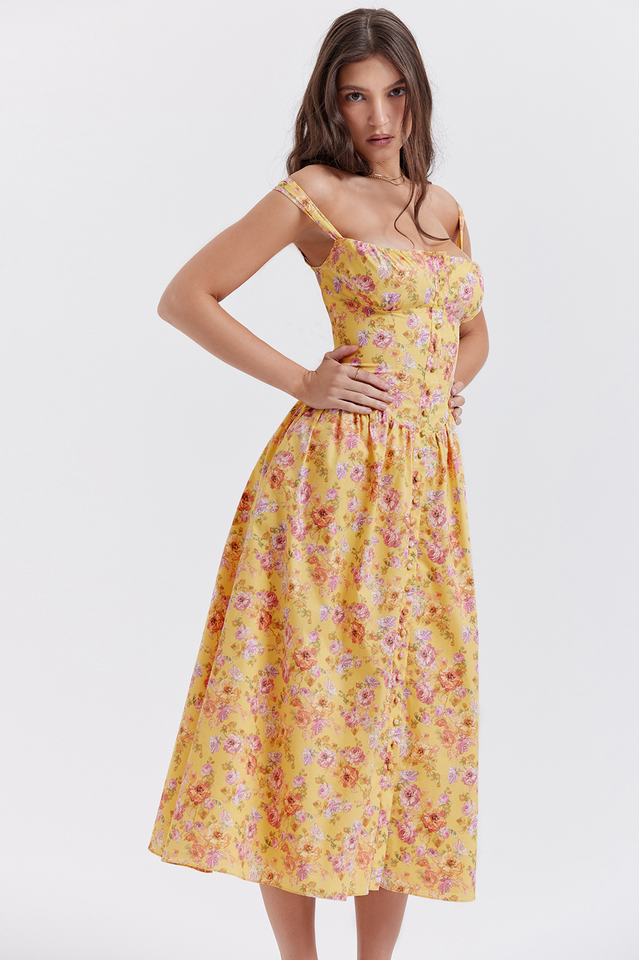 Tatiana Yellow Floral Print Midi Dress