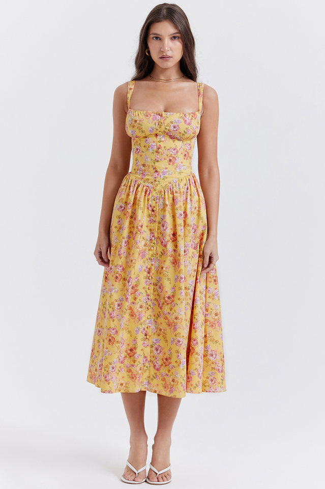 Tatiana Yellow Floral Print Midi Dress