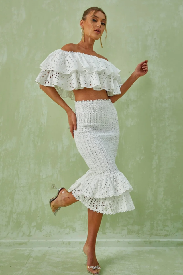 Embroidery Ruffle Blouse + Skirt Set