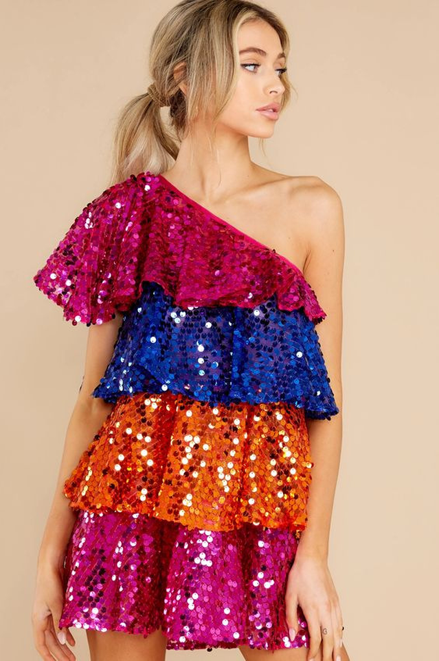 Sparkly Sequined One Shoulder Mini Dress