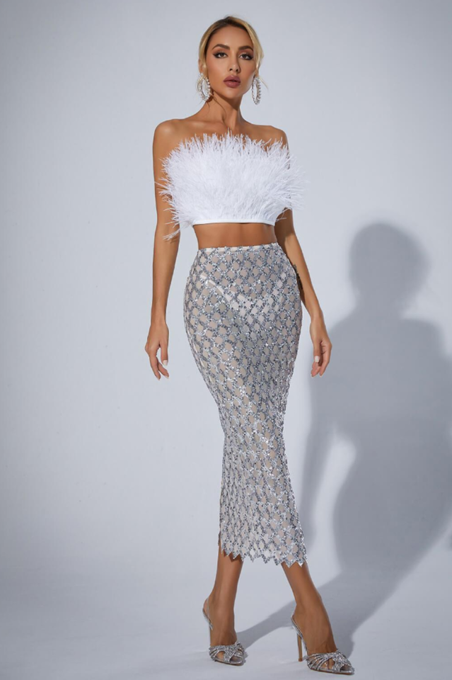 Ansley Strapless Feather Mesh Skirt Set