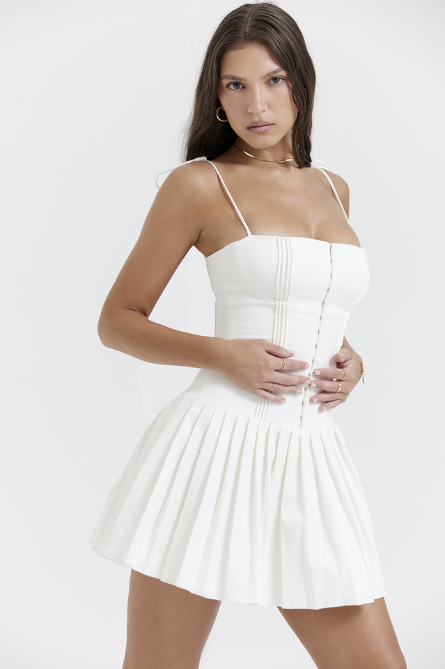 Marcy White Pleated Mini Dress