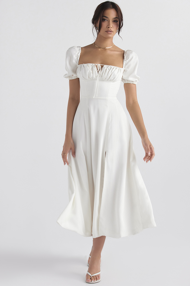 Tallulah White Puff Sleeve Midi Dress