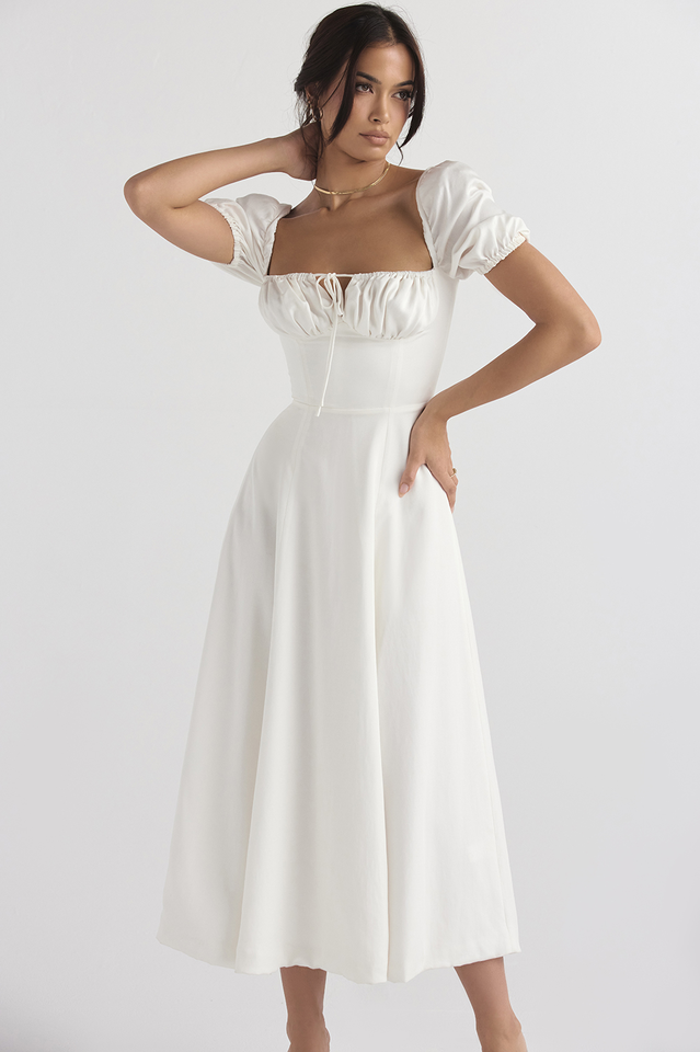 Tallulah White Puff Sleeve Midi Dress