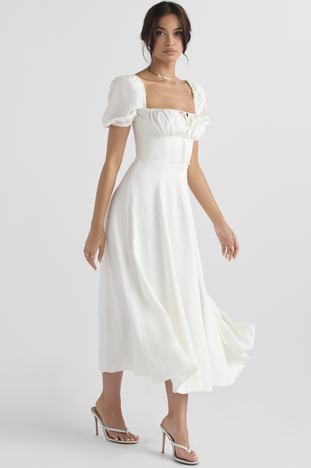 Tallulah White Puff Sleeve Midi Dress