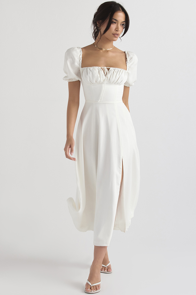 Tallulah White Puff Sleeve Midi Dress