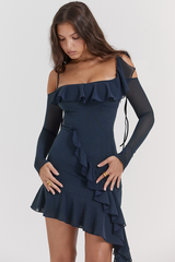 French Navy Ruffle Mini Dress