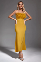 Leighton Yellow Feather Maxi Dress