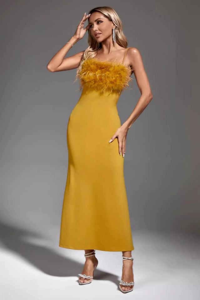 Leighton Yellow Feather Maxi Dress