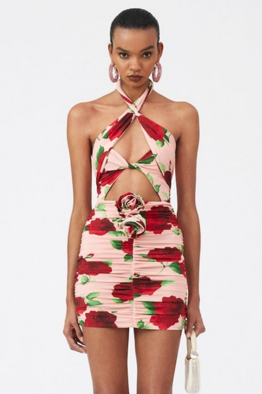 Cutout Ruched Floral Jersey Mini Dress