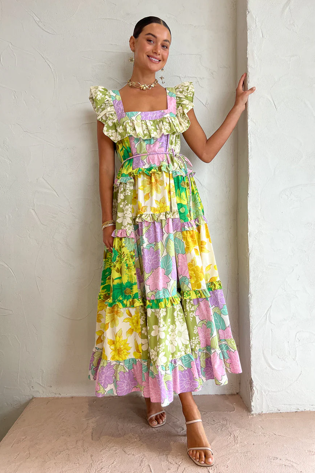 Tiered Patchwork Midi Dress