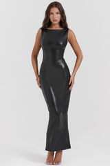 Black Plain Leather Maxi Dress