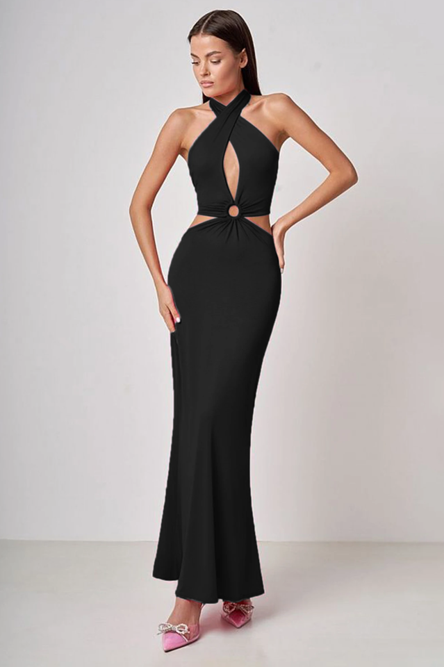 Wrap Front Cutout Backless Maxi Dress