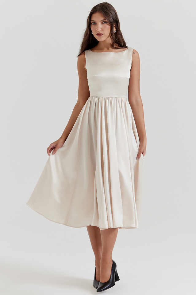 Shayla Retro Cream White Midi Dress