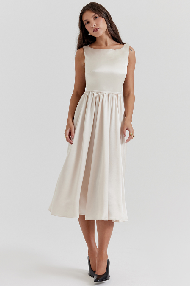 Shayla Retro Cream White Midi Dress