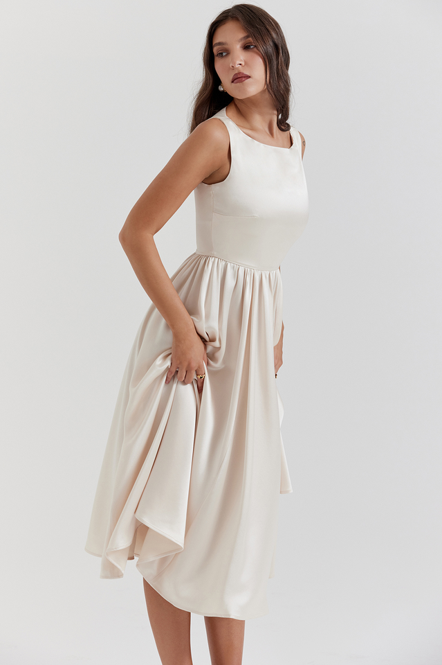 Shayla Retro Cream White Midi Dress