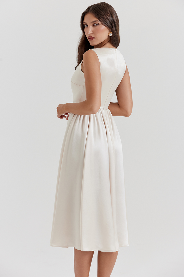 Shayla Retro Cream White Midi Dress