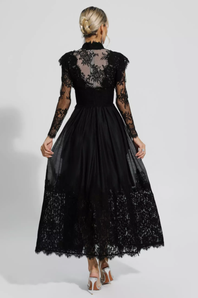 Jamie Black Floral Lace Stitching Dress