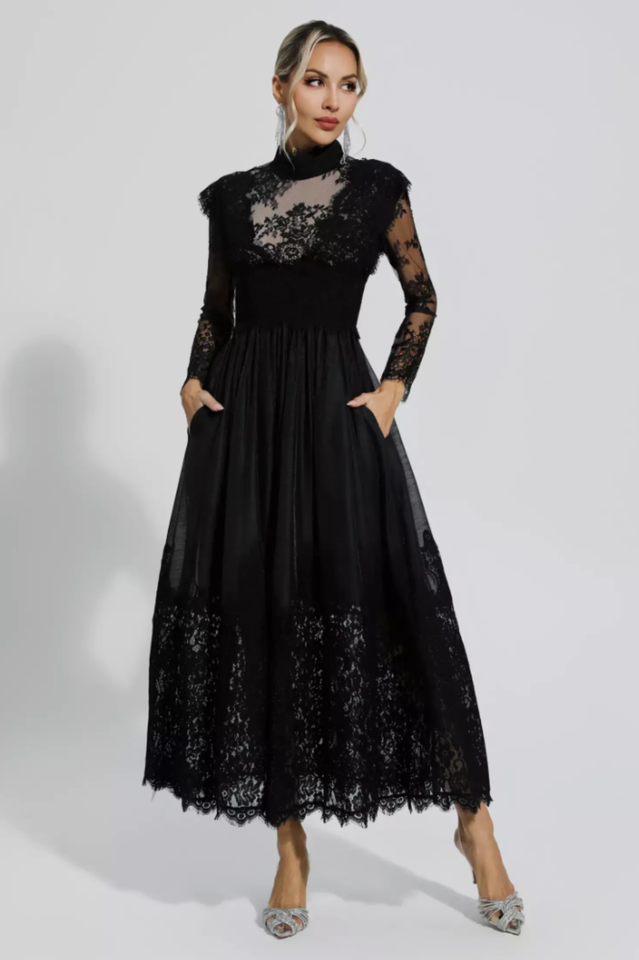 Jamie Black Floral Lace Stitching Dress