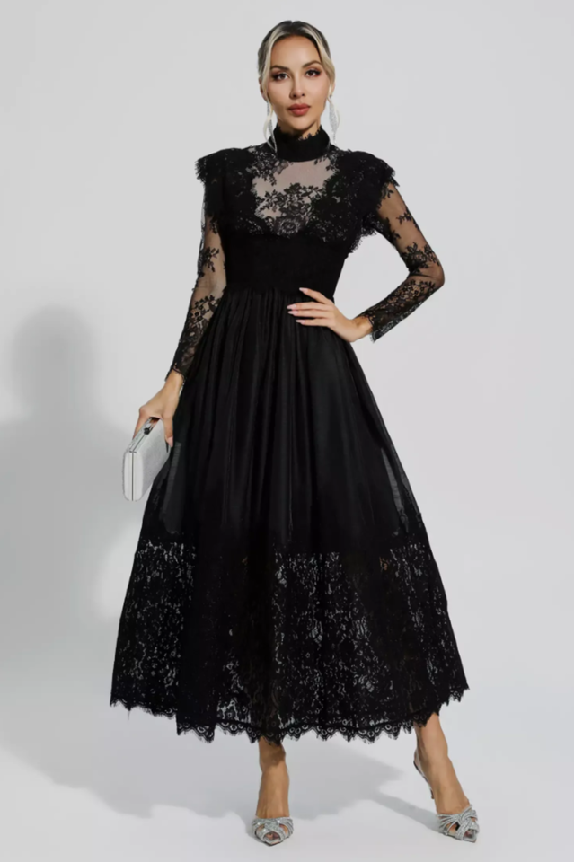 Jamie Black Floral Lace Stitching Dress