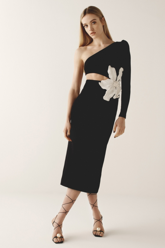 Angelica One-Shoulder Flower Appliqué Dress