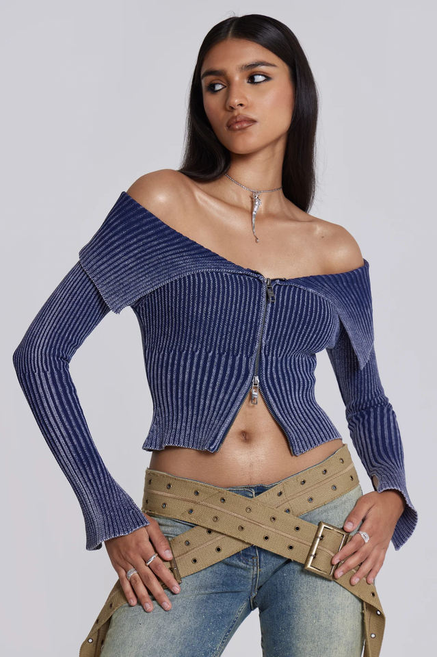 Tribeca Blue Ribbed Off The Shoulder Knit