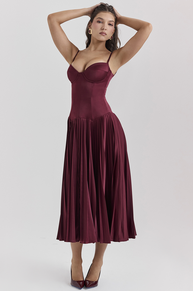 Beau Burgundy Pleated Midi Dress