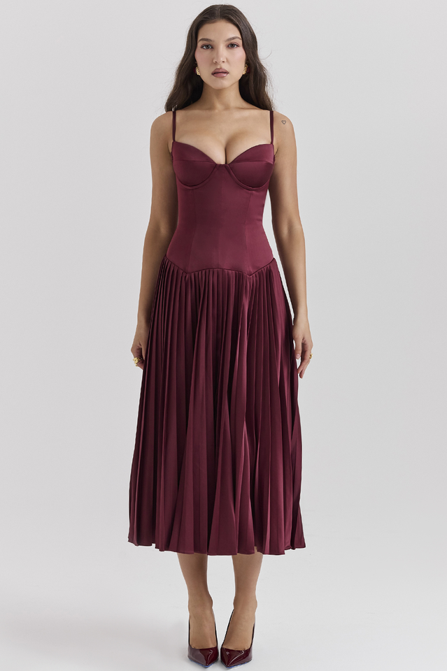 Beau Burgundy Pleated Midi Dress