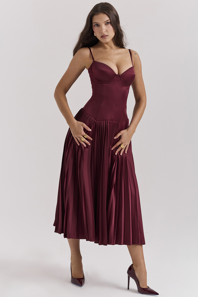 Beau Burgundy Pleated Midi Dress