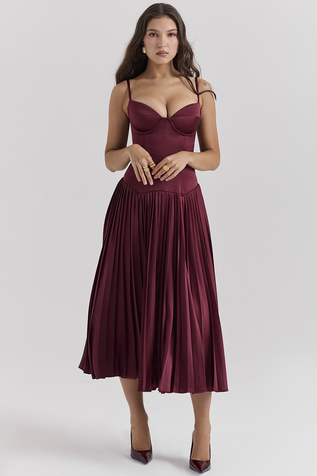 Beau Burgundy Pleated Midi Dress