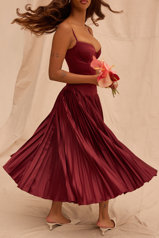 Beau Burgundy Pleated Midi Dress