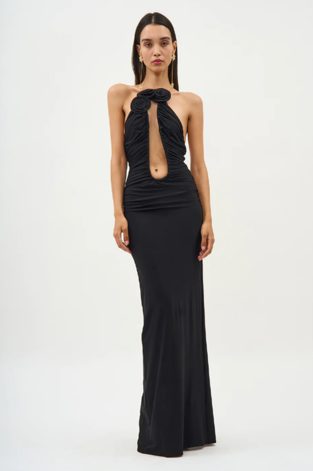 Strapless Plunge Maxi Black Dress