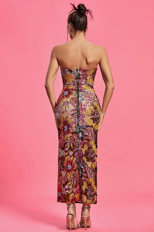 Kamames Strapless Floral Sequined Maxi Dress