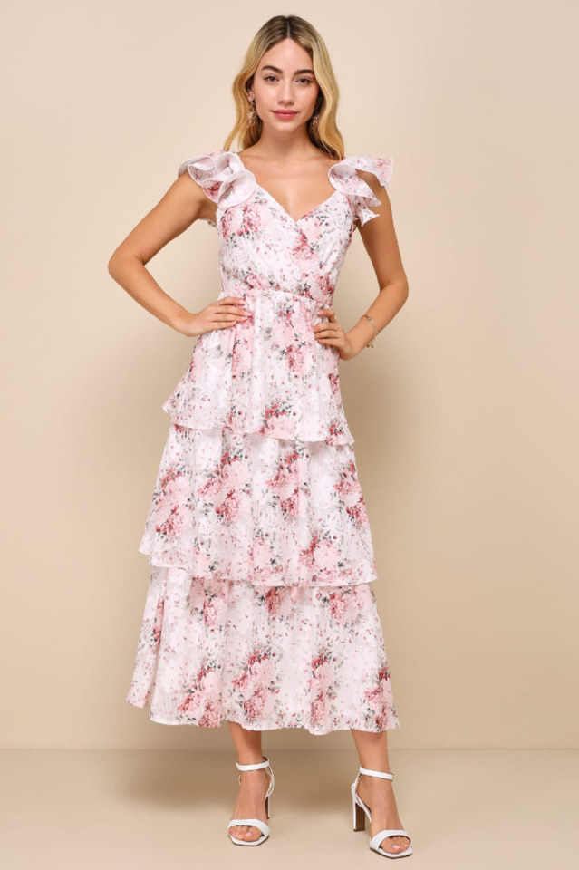 Ivory Floral Burnout Tiered Midi Dress