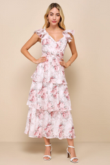 Ivory Floral Burnout Tiered Midi Dress