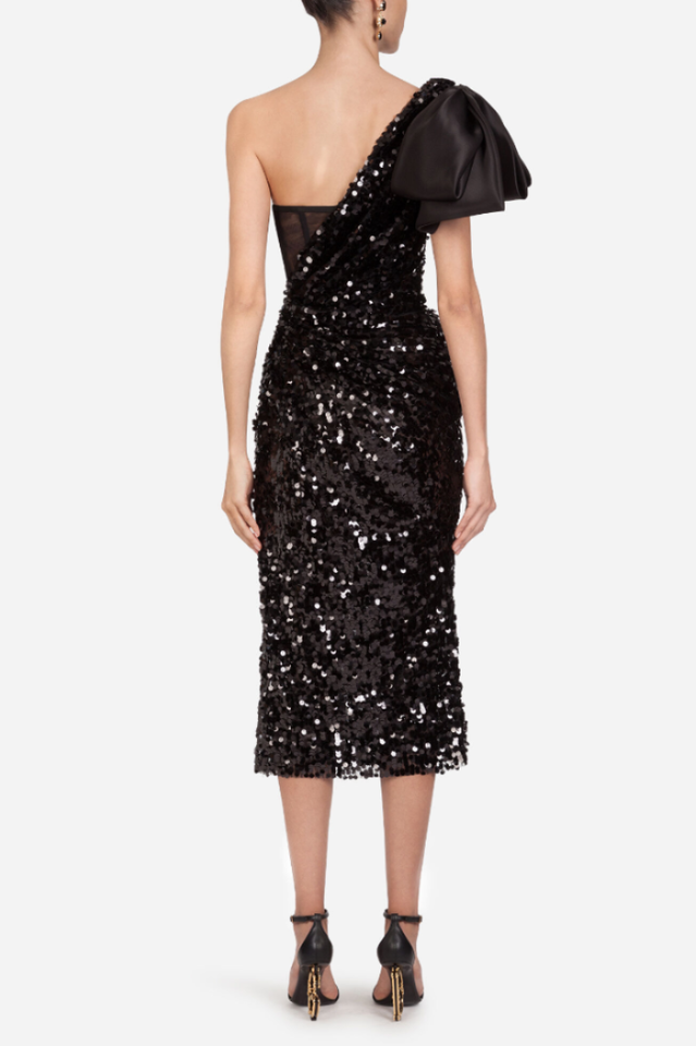 Sequined Longuette Dress With Bow